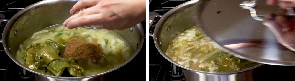 Adding Cumin and covering Green Enchilada Sauce