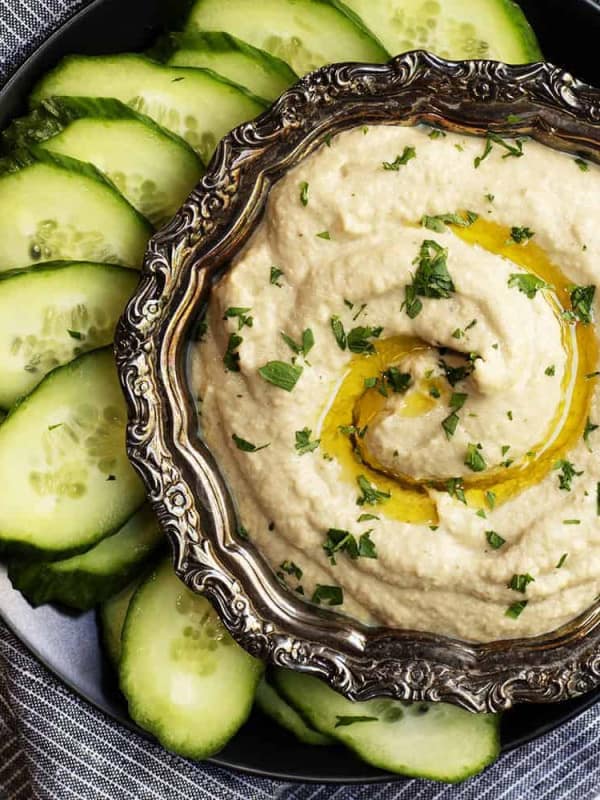 Baba Ganoush served with cucumber slices