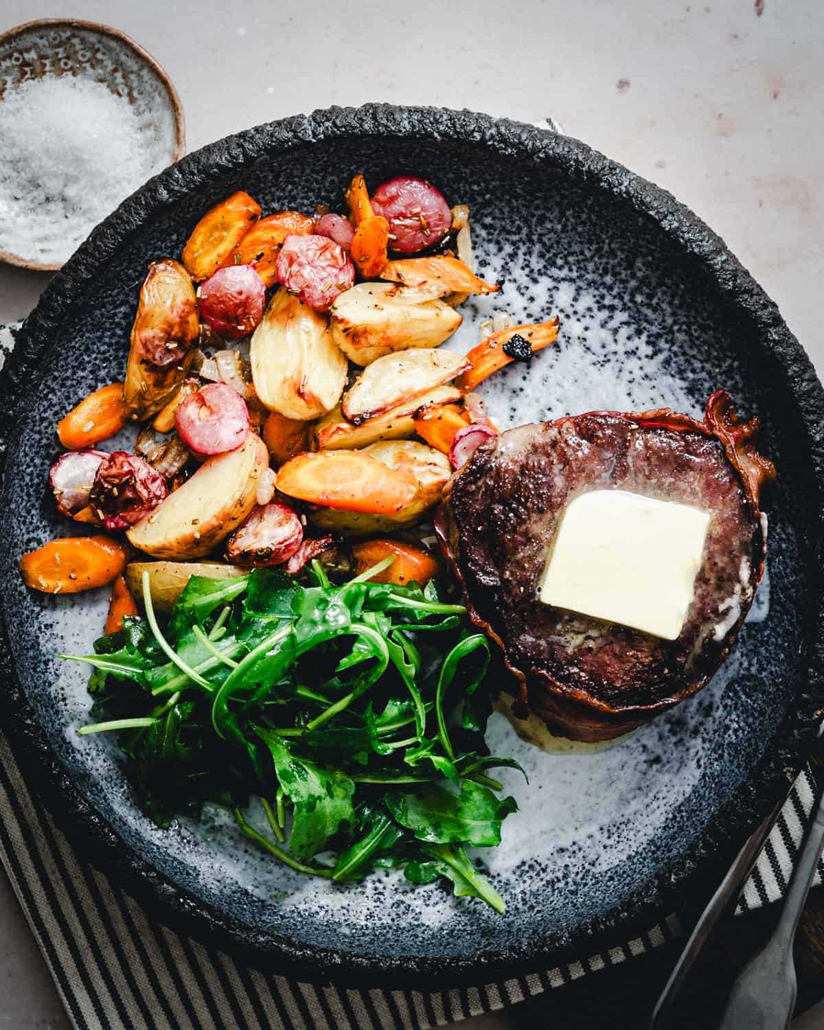 Bacon Wrapped Filet Mignon Served and photographed from above.