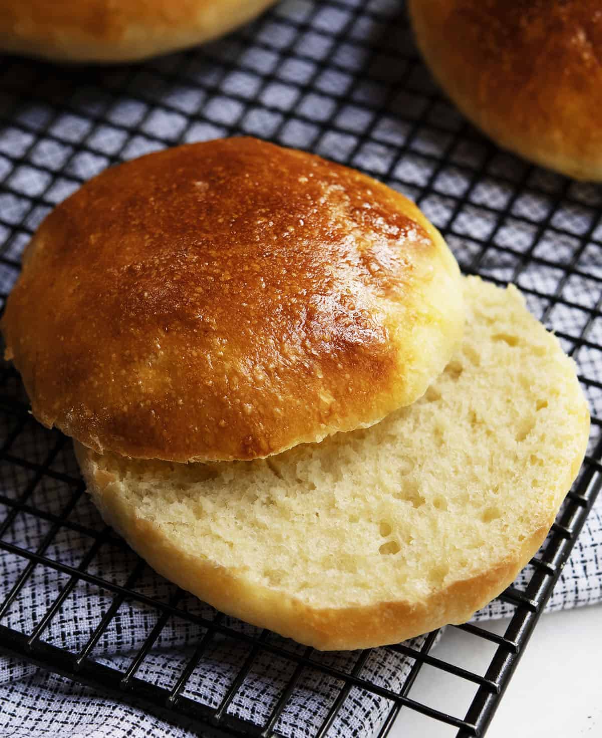 sliced brioche bun on cooling rack