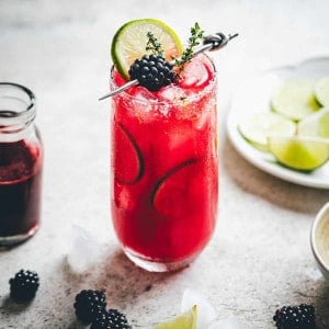 Garnished Blackberry Margarita served in a tall glass.