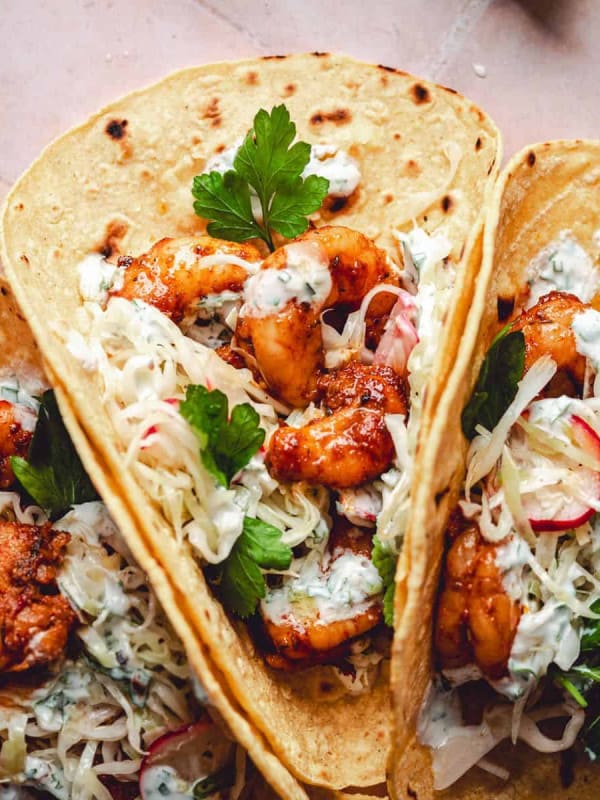 Blackened Shrimp Tacos photographed from the top.