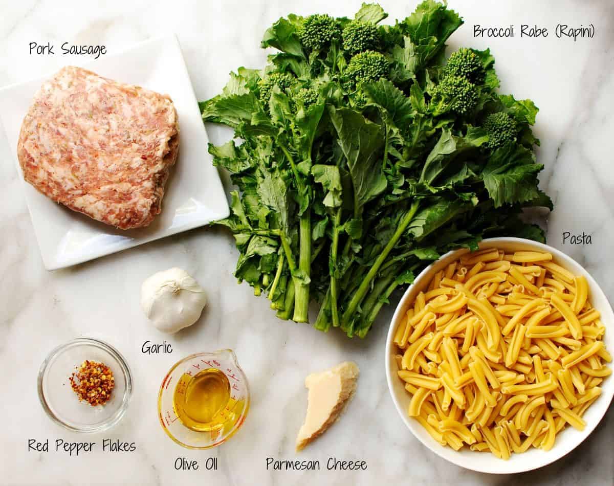 Broccoli Rabe and Sausage Pasta ingredients flat lay