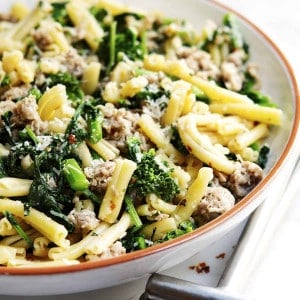 Broccoli Rabe and Sausage Pasta served in a white bowl