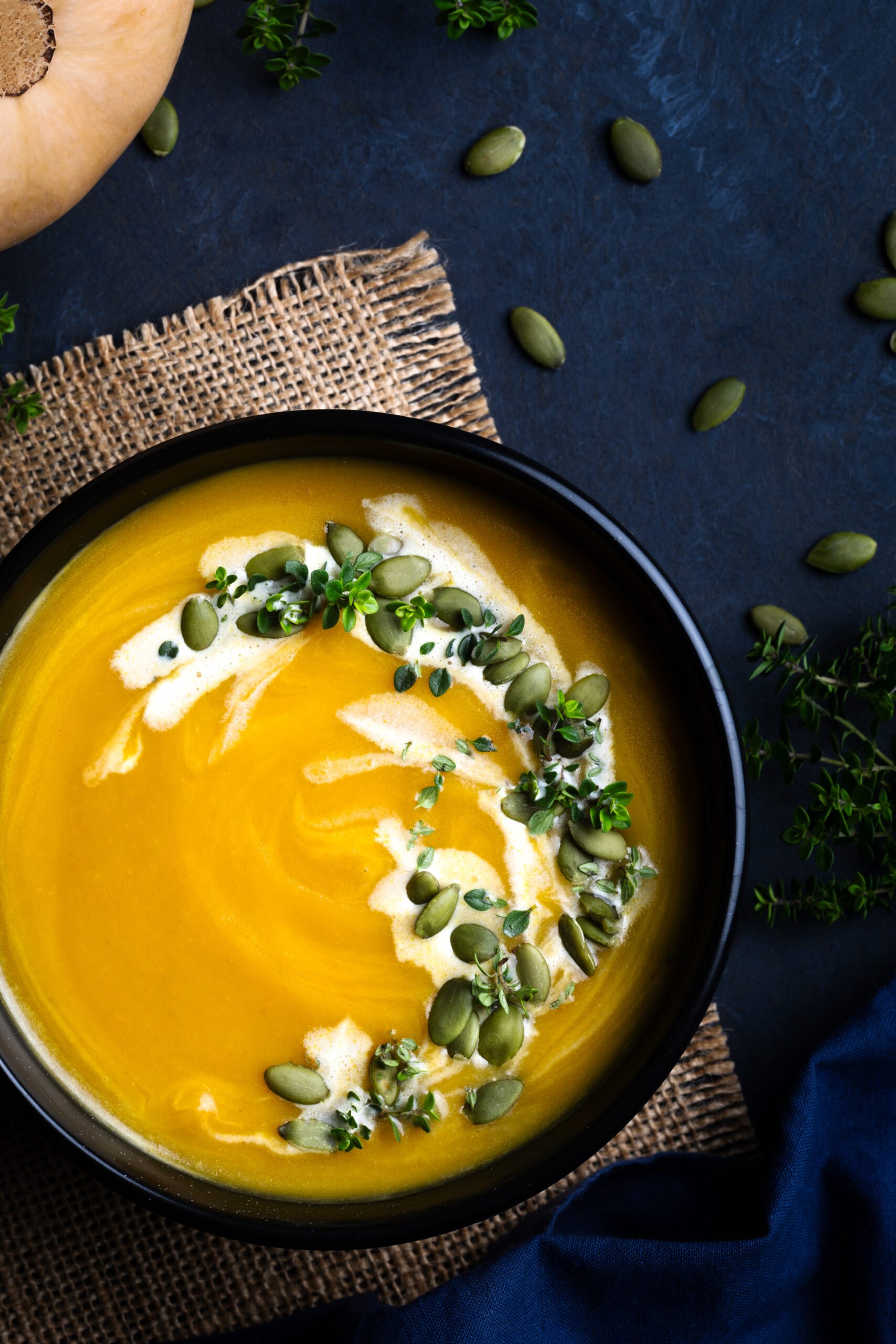 Butternut Squash Bisque served in a black bowl and photographed from the top.