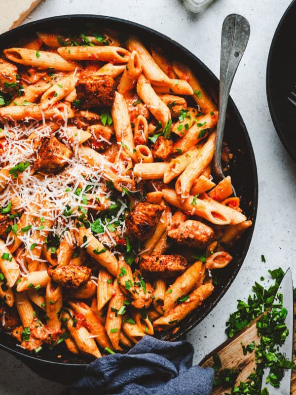 Cajun Chicken Pasta served in a black bowl and photographed from the top.