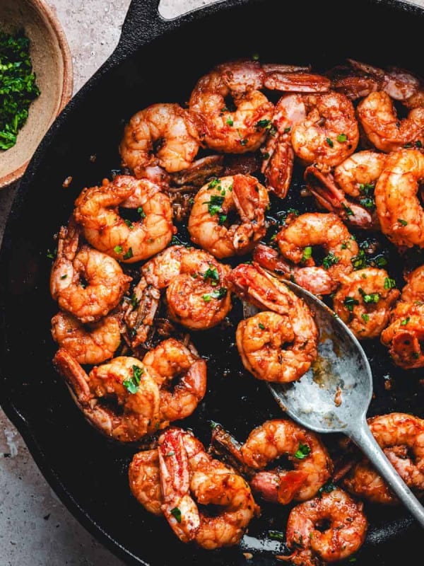 Cajun Shrimp served in a cast iron skillet and photographed from the top.