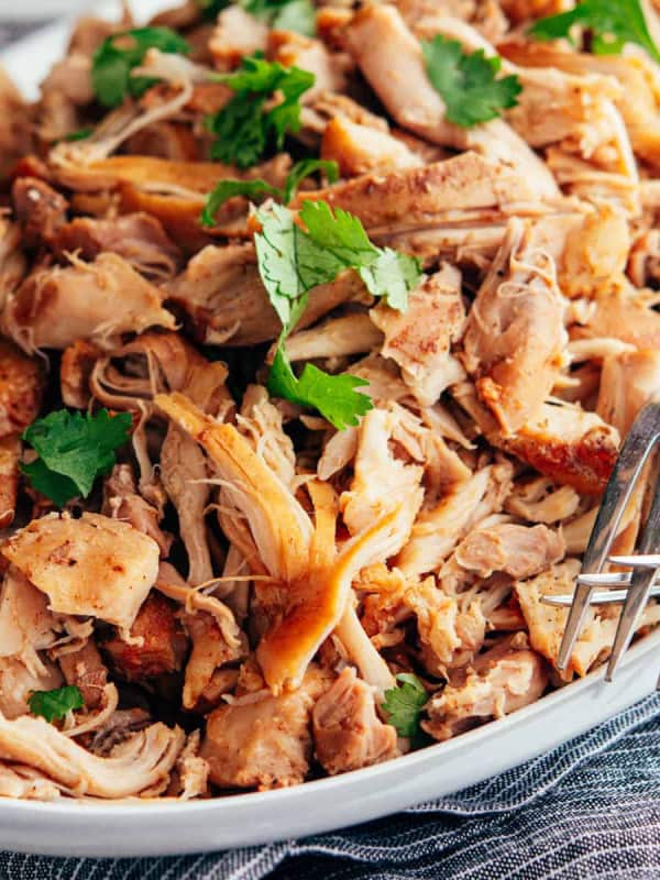 chicken carnitas served on an oval platter.