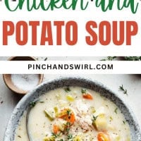 A collage showing two stages of making chicken and potato soup. Top: raw vegetables in a pot. Bottom: cooked soup with chicken, potatoes, carrots, and herbs in a bowl, garnished with fresh thyme. Text overlay reads "Chicken and Potato Soup.