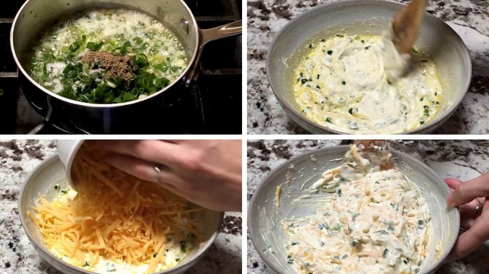 Combining Melted Butter Green Onions Sour Cream and Grated Cheese for Cheesy Potatoes