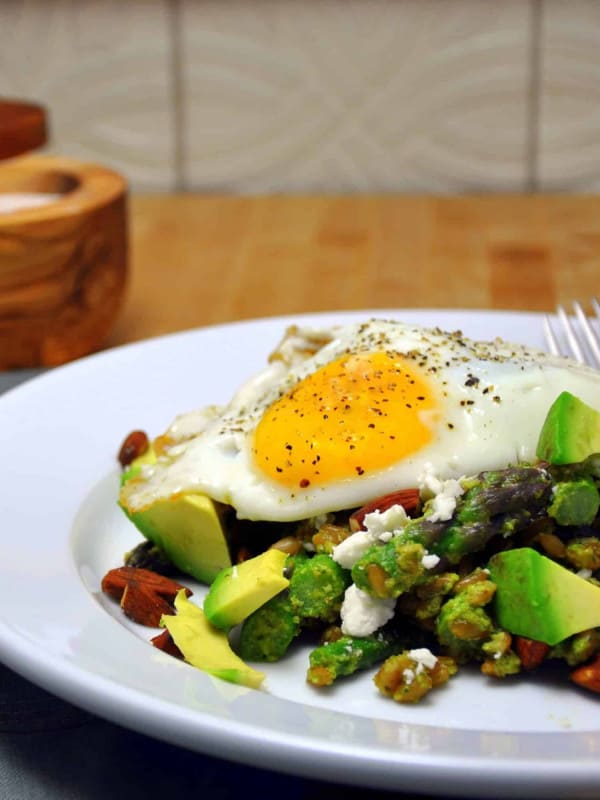 Farro with Asparagus Pesto Avocado and Fried Egg