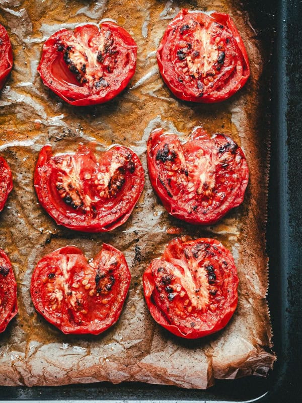 Fire Roasted Tomatoes on a baking sheet.