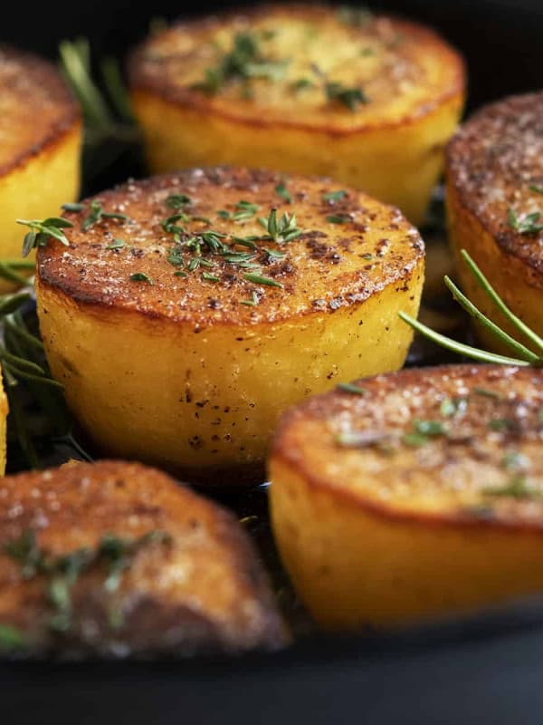 Fondant Potatoes in a cast iron skillet