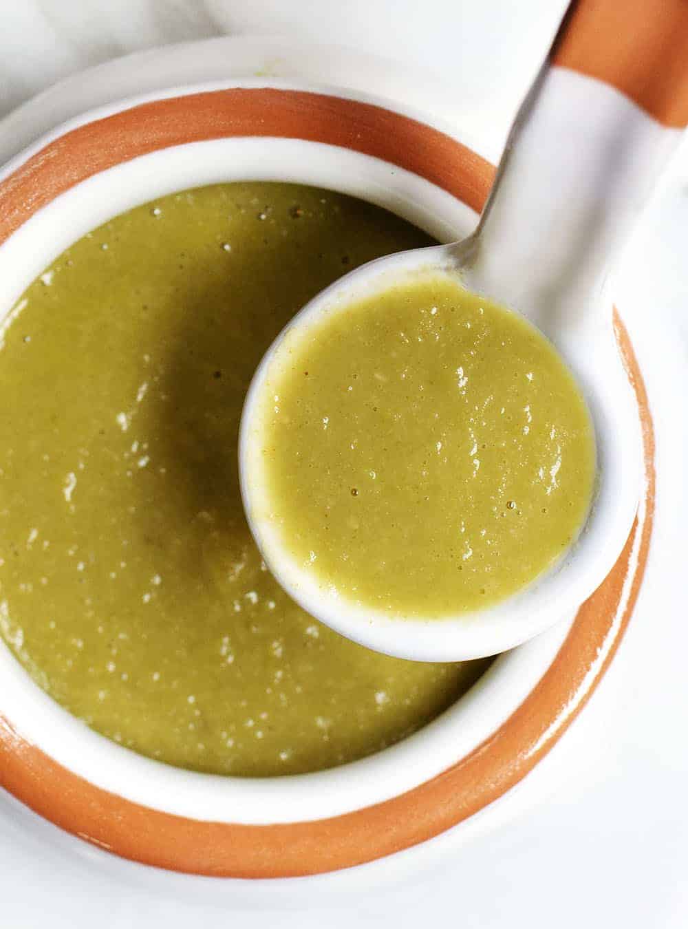 Green Enchilada Sauce in a white bowl