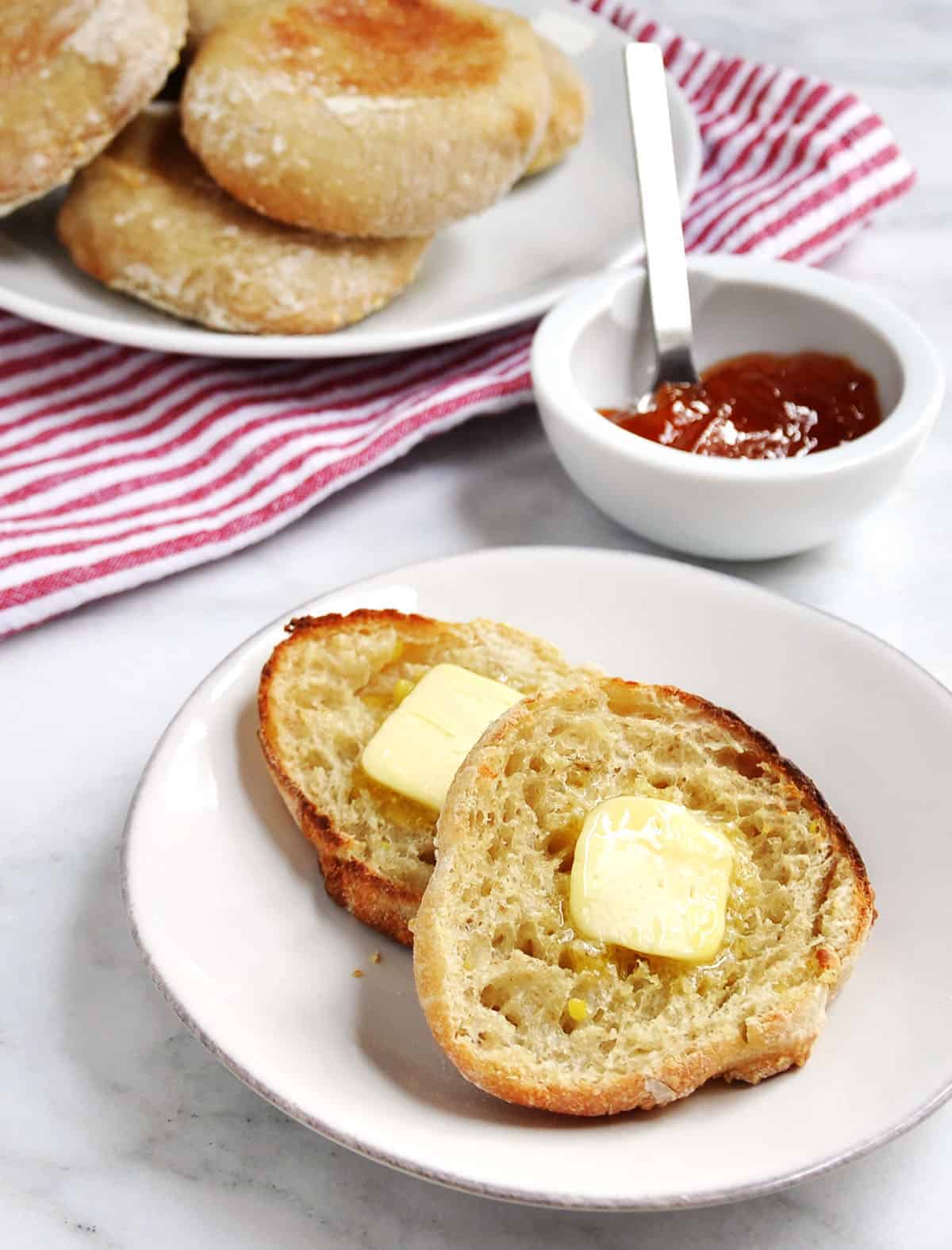 homemade English Muffins served with butter and jam