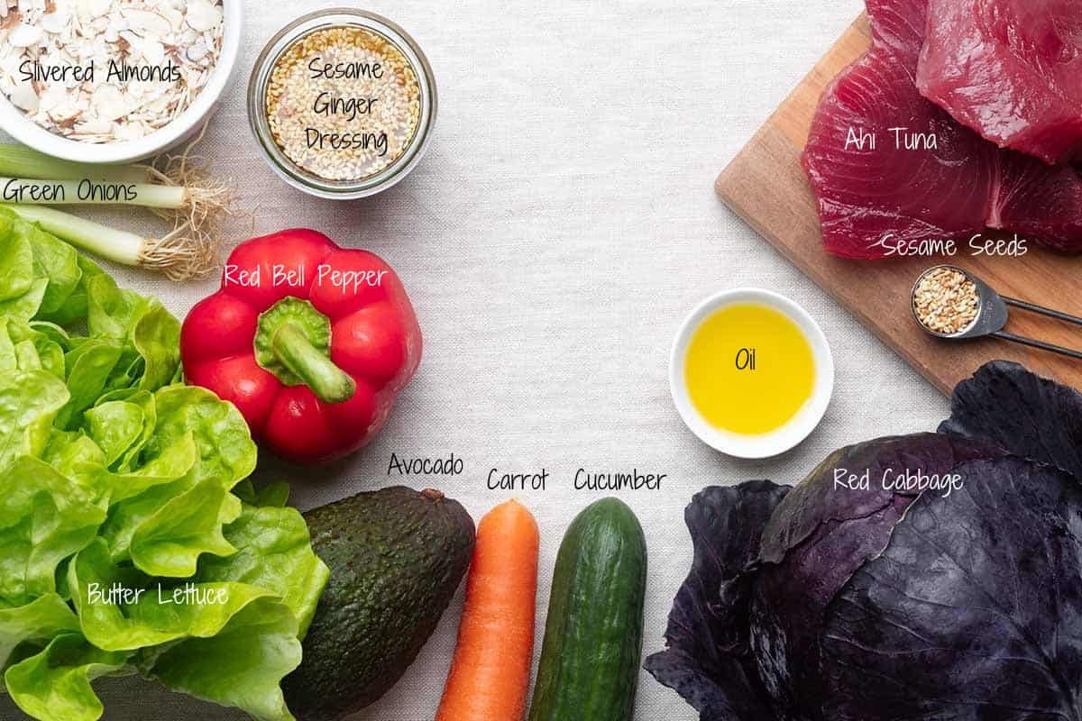 Ingredients for Ahi Tuna Salad on a linen cloth.