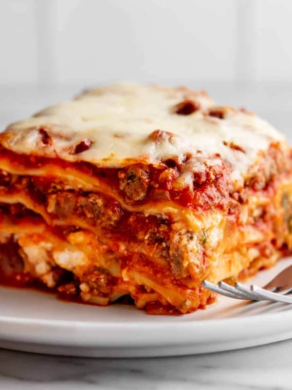 Lasagna with Cottage Cheese served on a white plate