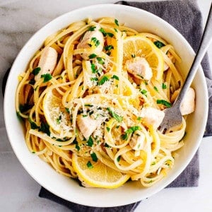 Lemon Garlic Chicken Pasta served in a white bowl.