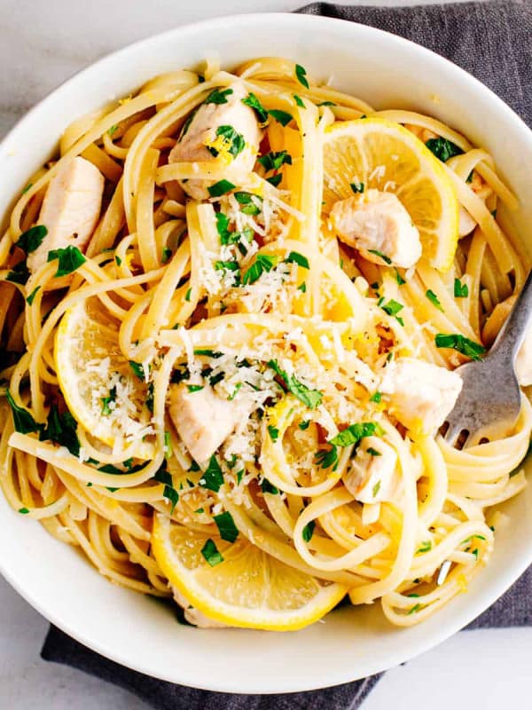 Lemon Garlic Chicken Pasta served in a white bowl.