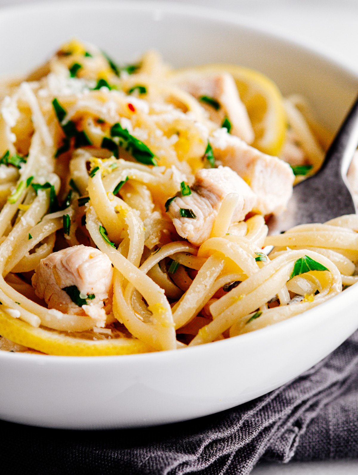 Lemon Garlic Chicken Pasta served in a white bowl