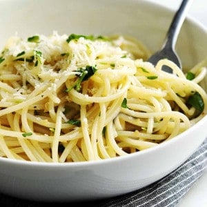 lemon garlic pasta served in a white bowl