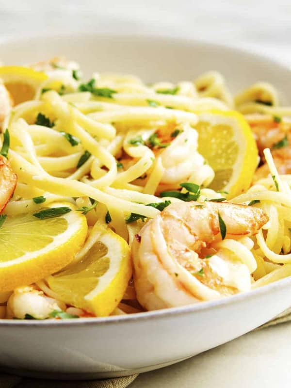 Lemon Garlic Shrimp Pasta served in a white bowl