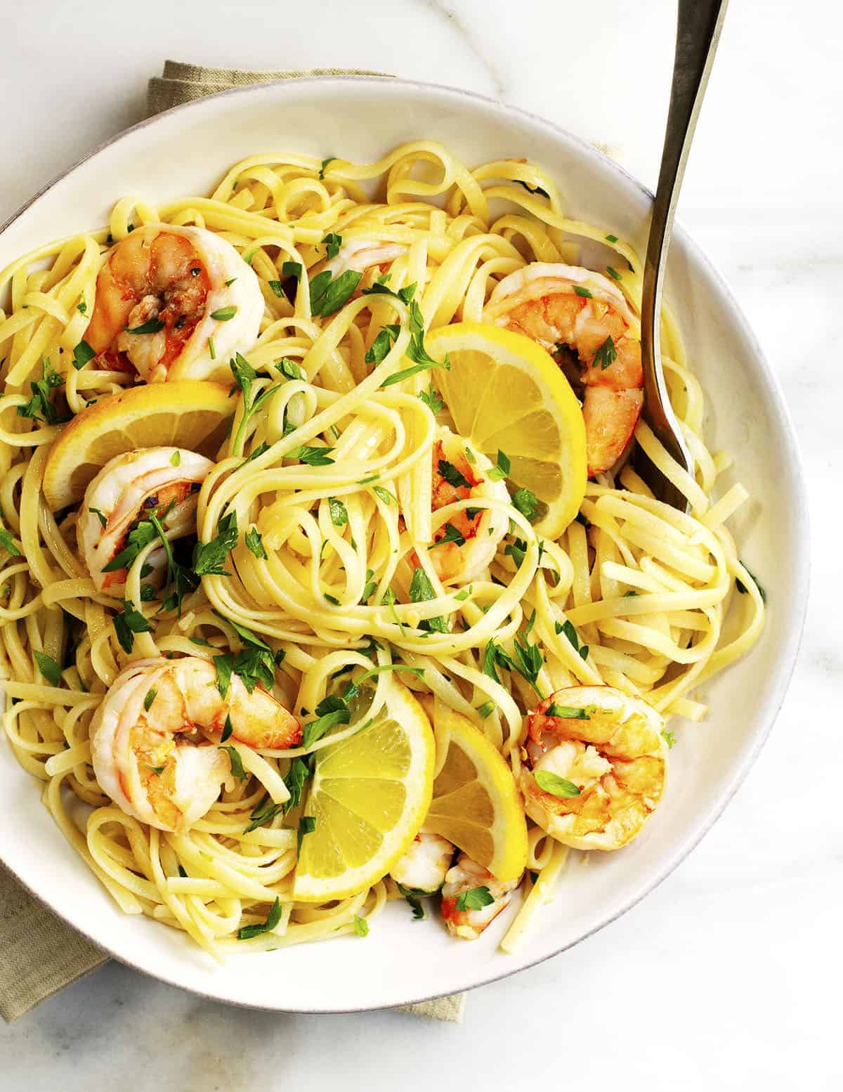 Lemon Garlic Shrimp Pasta served in a white bowl