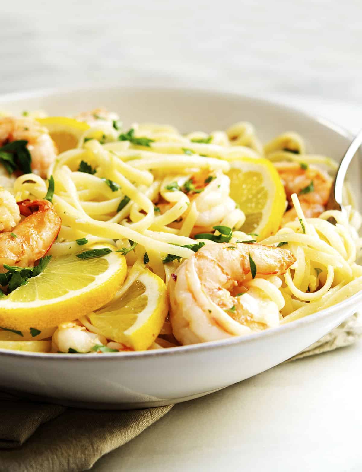 Lemon Garlic Shrimp Pasta served in a white bowl