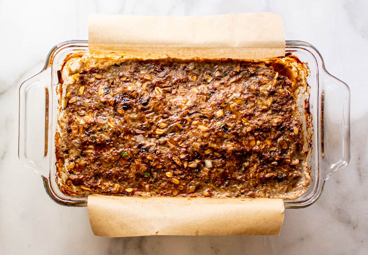 Meatloaf with Oatmeal cooked in a glass dish