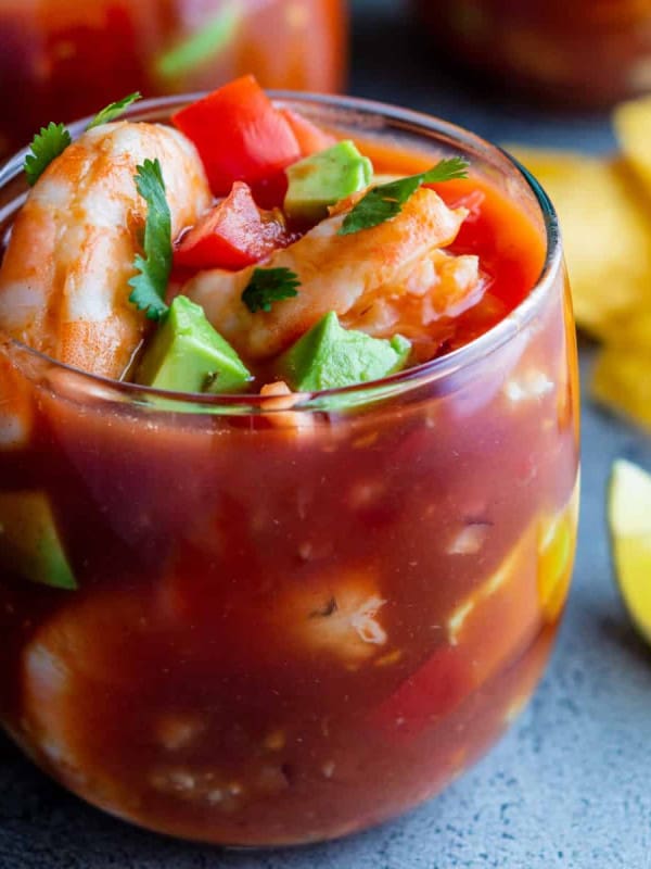 Mexican Shrimp Cocktail served in small, clear glasses.