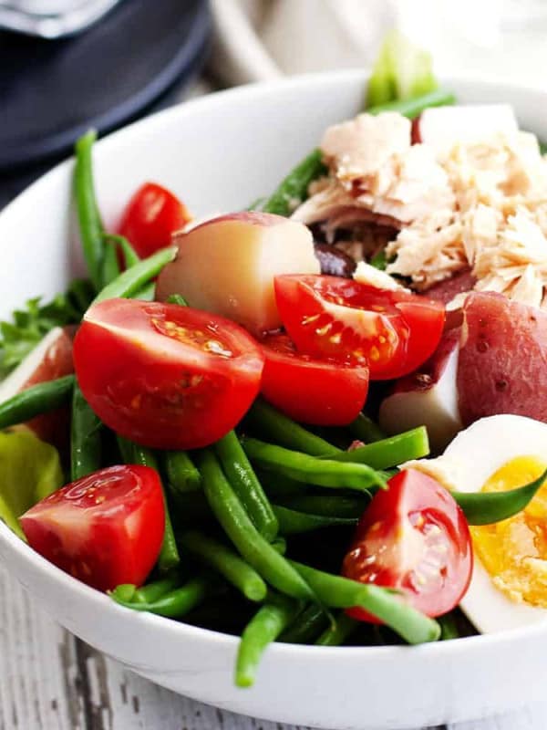 Nicoise Salad served in a white bowl