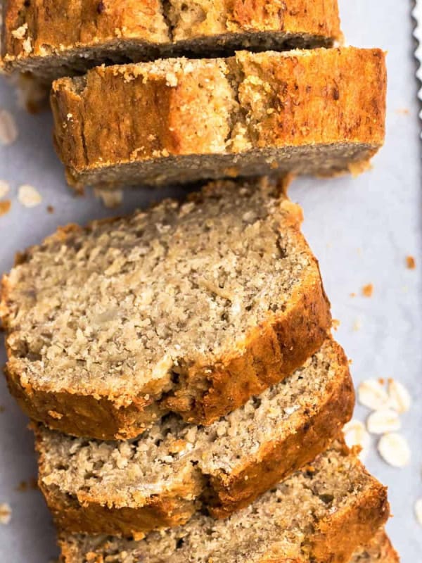 Oat Flour Banana Bread sliced and photographed from the top.