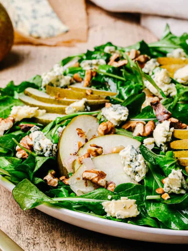 Pear and Gorgonzola Salad photographed close up at an angle.