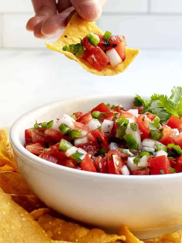 pico de gallo on a tortilla chip