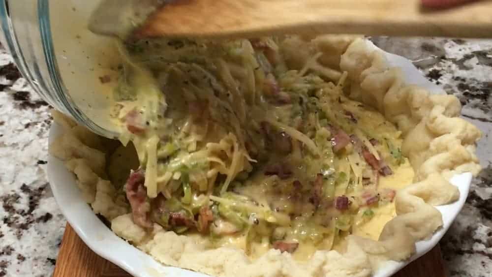 Pouring Quiche Mixture into Partially Baked Crust