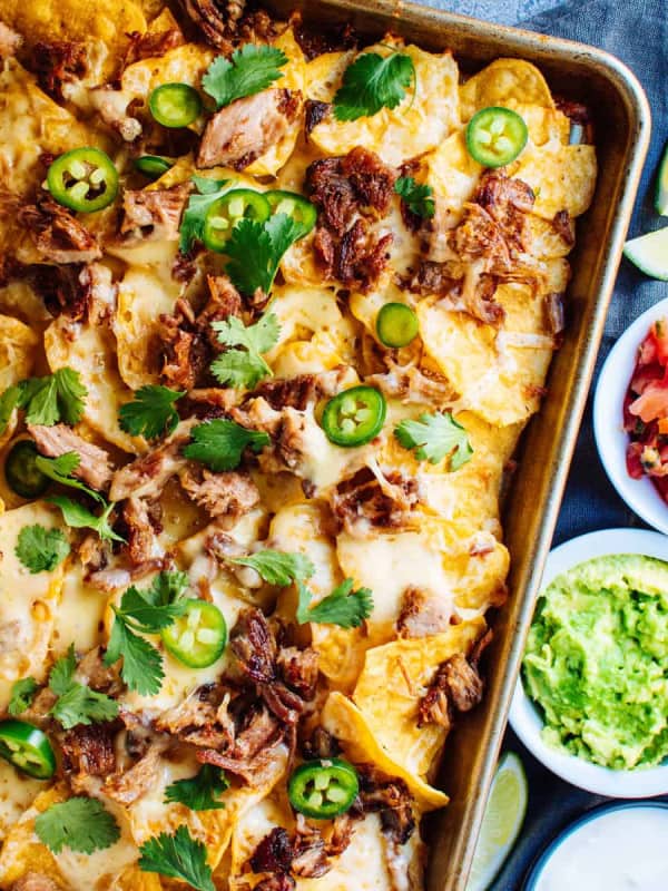 Pulled Pork Nachos in a baking sheet photographed from above