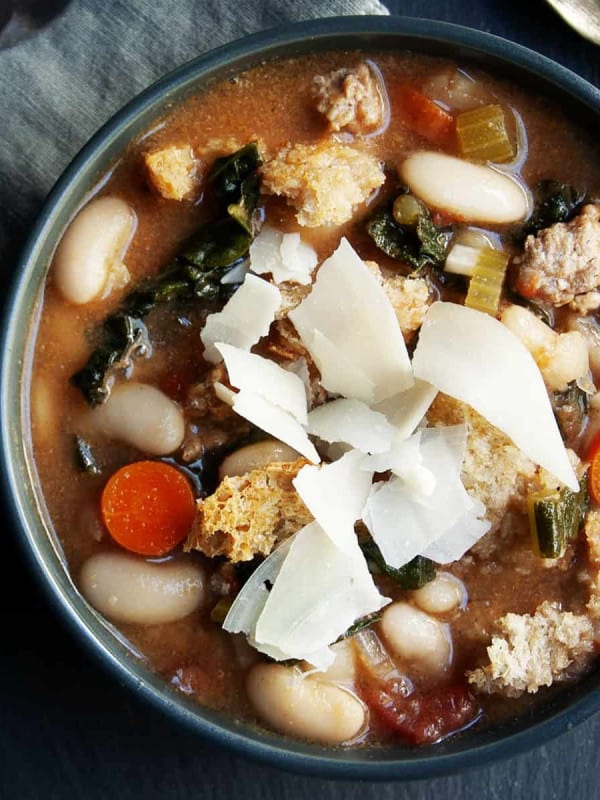 Ribollita served in a black bowl