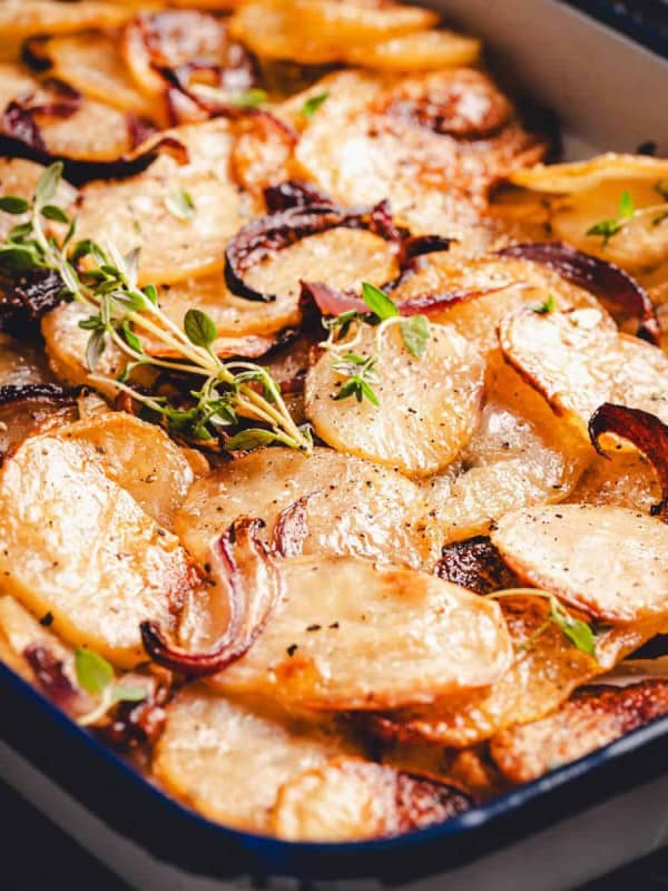 Roasted Potatoes and Onions photographed at an angle.