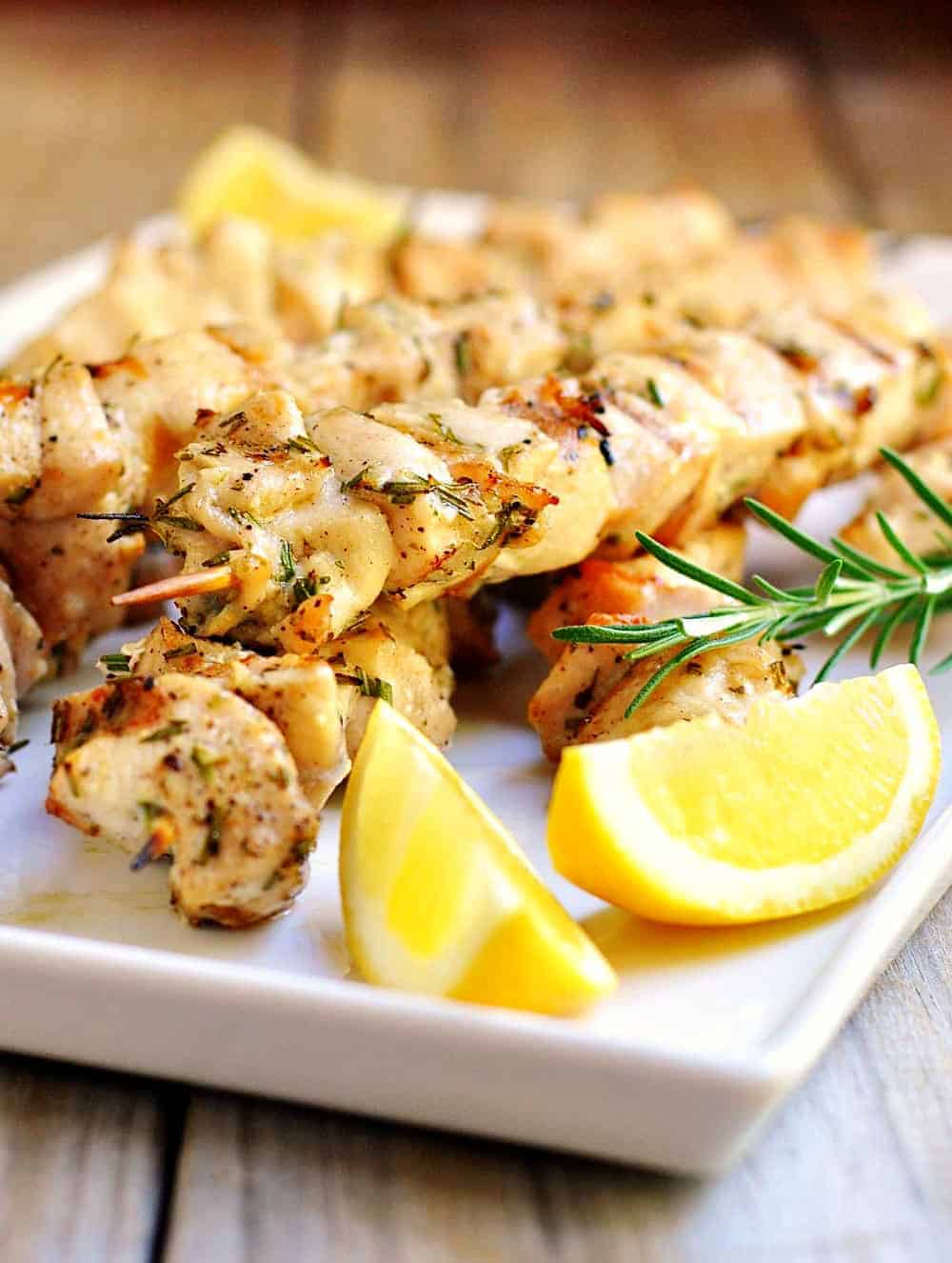 Rosemary-Garlic-Chicken-Kabobs-Served on a white platter