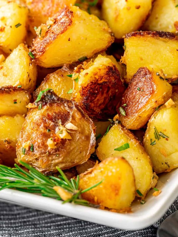 Rosemary Roasted Potatoes on a white platter.