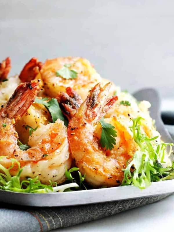 Salt-and-Pepper-Shrimp-served-on-a-stainless-steel platter featured