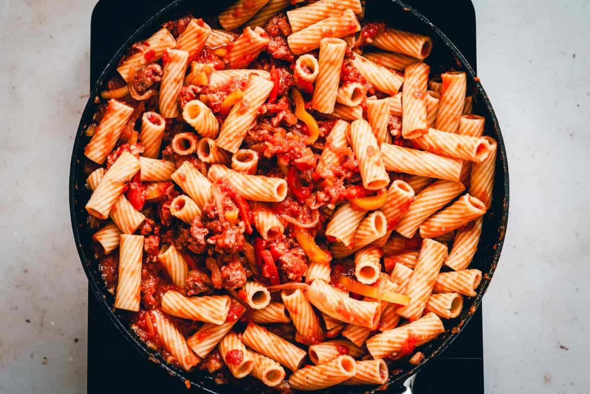 Sausage and Peppers Pasta ready to transfer to serving bowl.