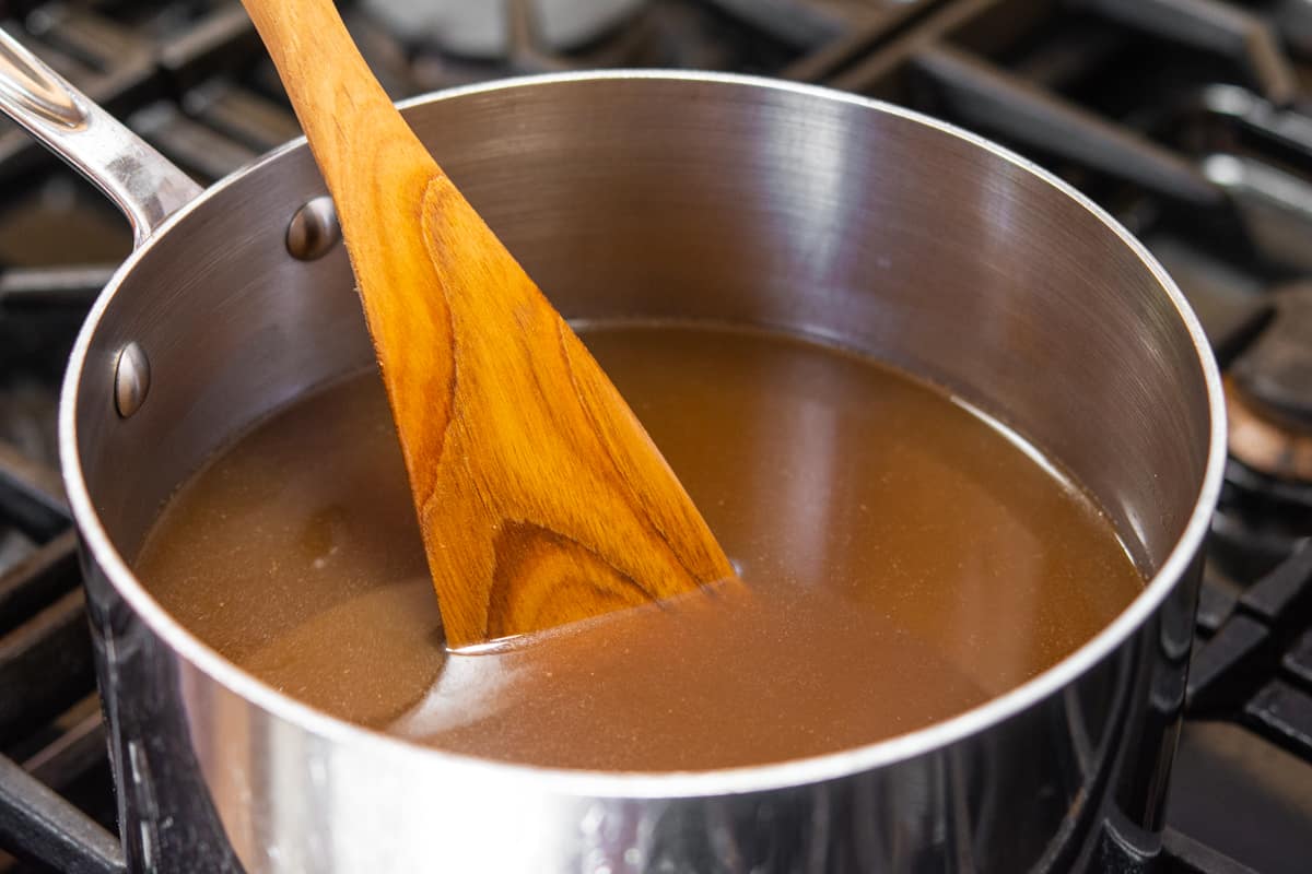 Shoyu Ramen Broth in saucepan.