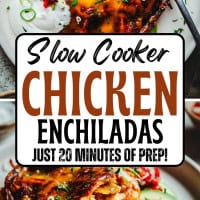 Plate of slow cooker chicken enchiladas garnished with diced tomatoes, cilantro, and cucumber slices. Text overlay: "Slow Cooker Chicken Enchiladas, Just 20 Minutes of Prep!.