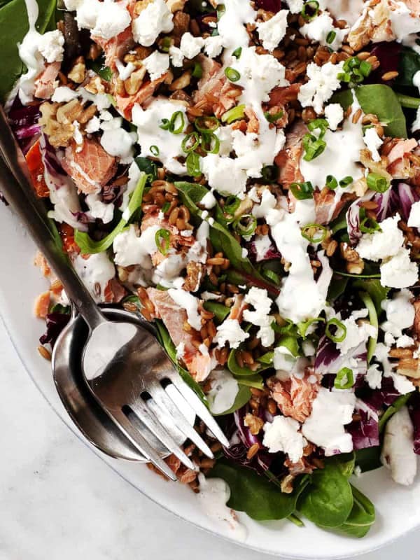 smoked salmon salad served on a white platter