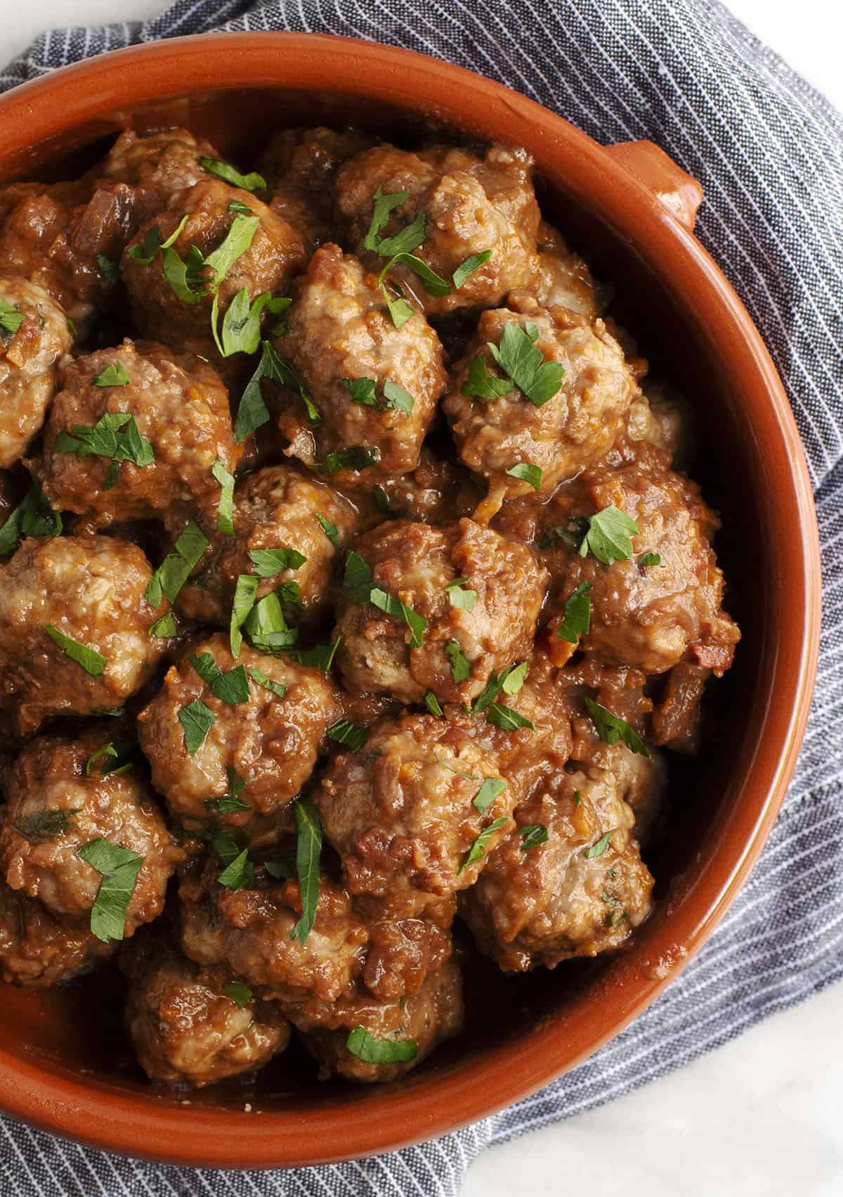 Spanish Meatballs served in a cazuela