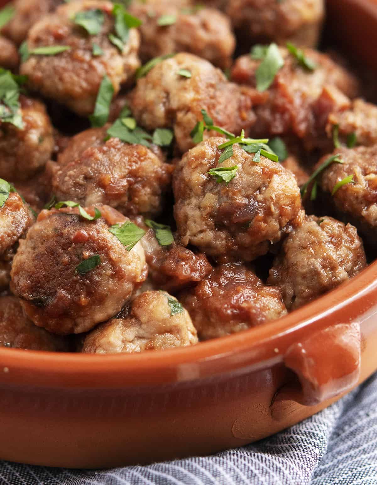 Spanish Meatballs served in a cazuela