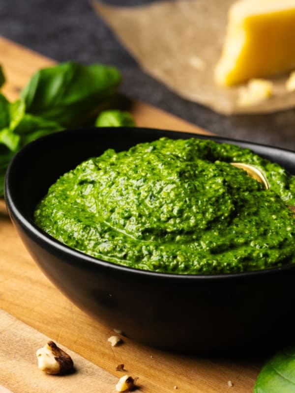 Spinach Pesto photographed at an angle.