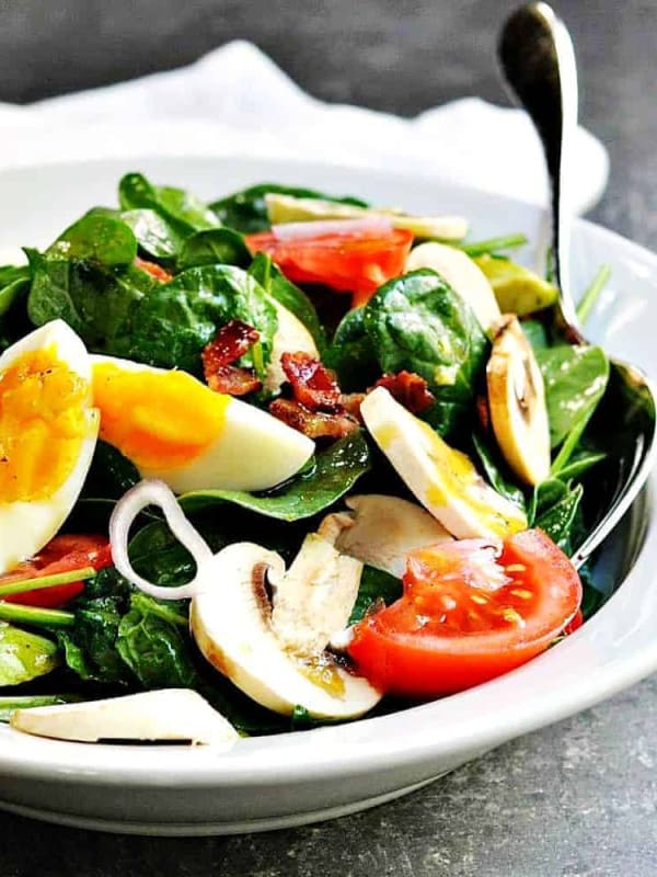 Spinach-Salad-Served in a white ceramic bowl featured