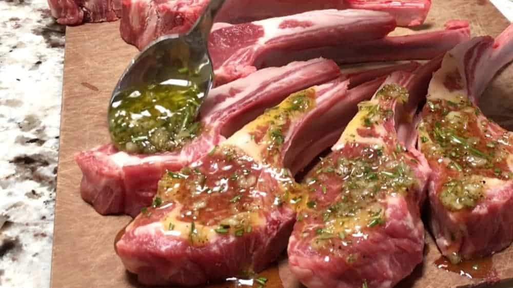 Spooning Marinade over Lamb Chops